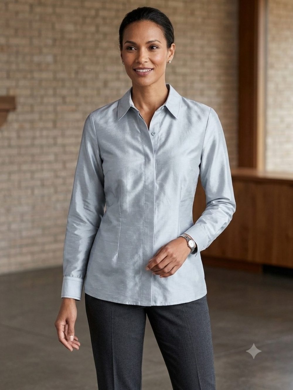 Chico's Silk Light Silver Satin Button-Front Blouse